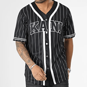 Karl Kani Serif Pinstripe Baseball Shirt Black/White - Férfi - Rövid ujjú póló Karl Kani - Fekete - 6033360 - Méret: M
